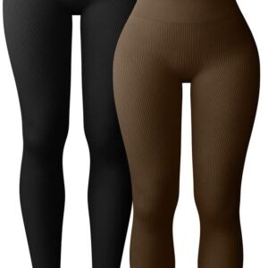 Women's 2 Piece Yoga Legging Ribbed Seamless Workout High Waist Athletic Pant, Black Coffee Colours